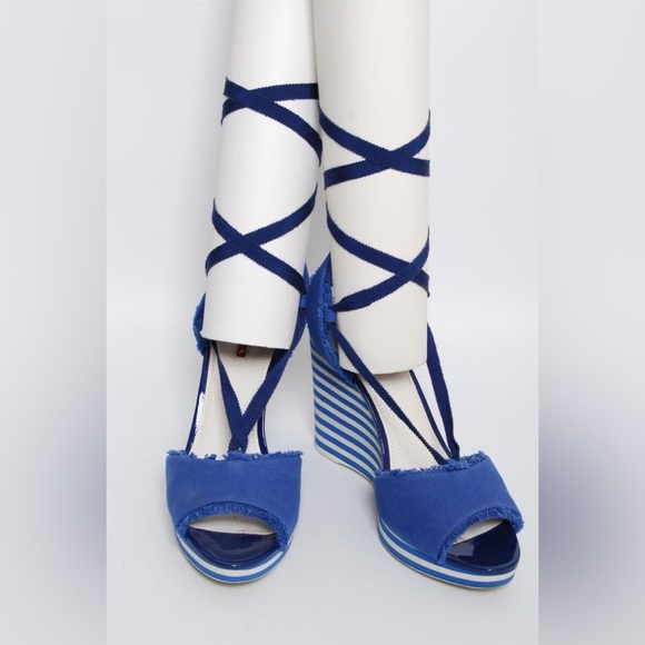 PRADA Cloth Striped Cobalt Blue Canvas Ankle Lace Up Wedges Heels Sandals - Picture 6 of 9